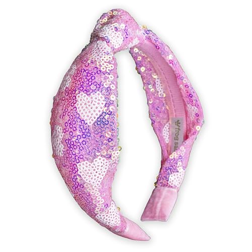 FROG SAC Heart Headband for Girls - Knotted Valentines Day Head Bands for Kids, Top Knot Vday Hair Band for Children, Sparkly Pink Sequin Hair Accessories for Toddlers, Little Girl Fashion Hairband