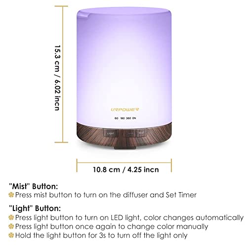 URPOWER 2nd Gen 300ml Aroma Essential Oil Diffuser Night Light Ultrasonic Air Cool Mist Humidifier with AUTO Shut Off and 6-7 Hours Continuous Diffusing and 4 Timer Settings for Home Office Yoga Spa