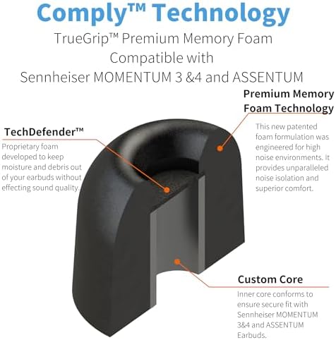 Comply TrueGrip | Premium Memory Foam Replacement Earbud Tips for Sennheiser Momentum 3, 4, ACCENTUM | Enhanced Comfort, Secure Fit, Superior Noise Isolation, Cleaning Tool | Black (S/M/L) (3 Pairs)
