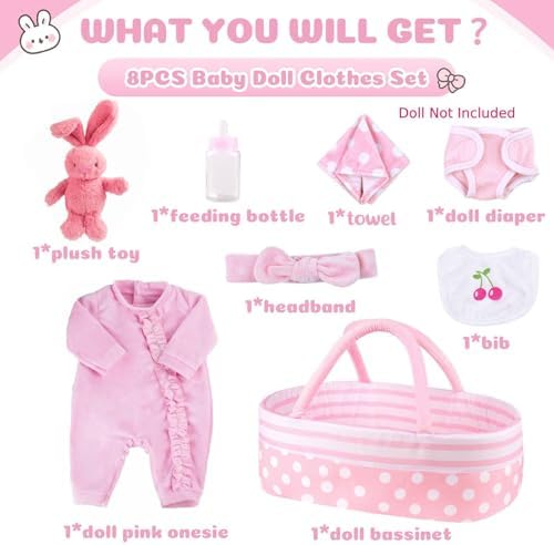 BABESIDE 8 Pcs Reborn Baby Doll Clothes with Bassinet for 17-22 Inch Baby Dolls, Baby Doll Accessories and Doll Clothes Outfit fit Newborn Baby Doll Girl, Babies Pretend Play Set (Not Doll)