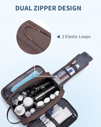 WANDF Toiletry Bag for Men Travel Toiletry Organizer Canvas and Leather Dopp Kit Water-Resistant Shaving Bag for Travel Accessories (Brown, Patent Pending)