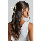 DEEKA Bridesmaid Proposal Gifts 8 Pack Pearl Bridesmaid Hair Claw Clips with Ribbon 3 Inch Hair Clips Bachelorette Party Favors Bridal Party Present Hair Accessories (Half Circle White&Rose Gold)