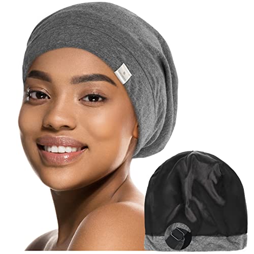 YANIBEST Slouchy Beanie Hat Satin Lined Sleep Cap Satin Bonnet Chemo Headwear Caps for Women and Men Dark Grey
