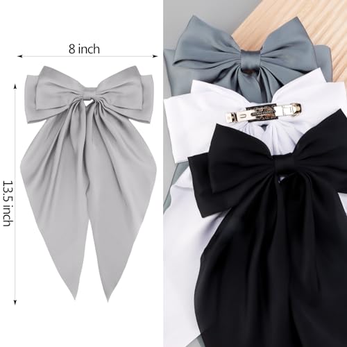 Velscrun Hair Bows for Women Girls 4Pcs White Silky Hair Bow Navy Blue Satin Large Coquette Bow Grey Big Hair Bows Clip Oversized Hair Ribbons Long Tail Black Bow Hair Barrettes Hair Accessories Gifts