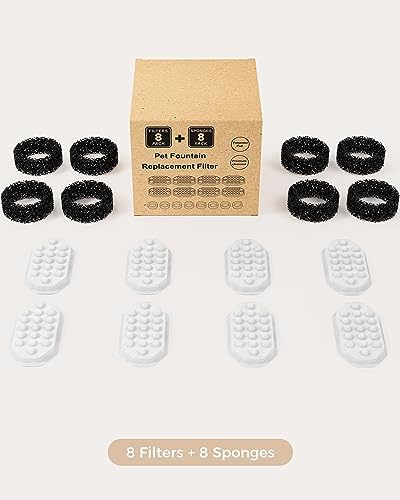 Official 8 Pack Cat Water Fountain Replacement Filters & Pre-Filter Sponges for 108oz/3.2 Stainless Steel Pet Water Fountain