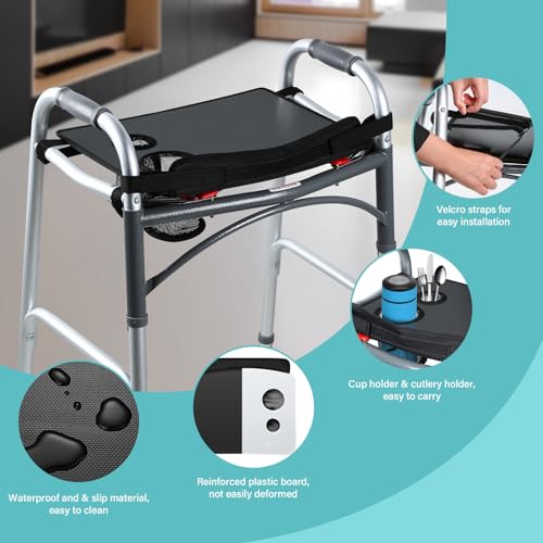 HOOMTREE Walker Tray for Folding Walker, Mobility Table Trays for Walkers for Seniors with Cup Holder,Walker Trays for Rolling Folding Walker,Walker Accessories for Elderly (Black Without Pockets)