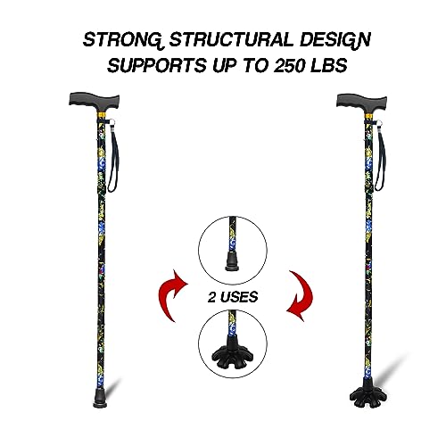 LIXIANG Walking Cane with Replacement Base-Folding Cane,Adjustable Colorful Walking Stick for Men & Women with Comfortable T-Handle,Stylish Balancing Mobility Aid,Black Flower