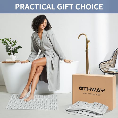 OTHWAY Square Shower Mat, 27"x 27"Extra Large Anti Slip Shower Mat, Machine Washable Shower Mat with Drain Holes in Middle, TPE Grey Bath Tub Mat for Elderly Kids Toddlers Bathroom(W-Grey)
