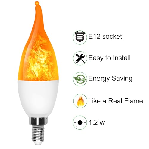 AYOGU 6-Pack LED Flame Light Bulb, 3 Mode E12 Edison Bulb, 1.2W Warm White, for Chandelier, Halloween Decorations, Christmas, Outdoor, Indoor