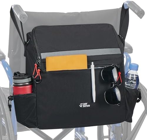 JOYTUTUS Wheelchair Bag, Wheelchair Backpack, Wheelchair Accessories Bag with Cup Holder, Storage Bag with Reflective Stripe and Shoulder Strap for Walker Rollator (14.6 * 13.8 * 5.5 in)