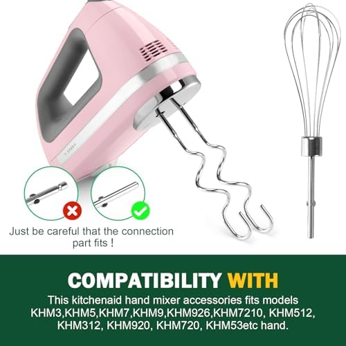 Hand Mixer Beaters Blender For KitchenAid & Hand Mixer Dough Hooks For KitchenAid Hand Mixers Whisk Attachment KHMPW Stainless Steel Egg Beater/Whisk Attachment for Kitchen Hand Mixer Accessories,3PCS