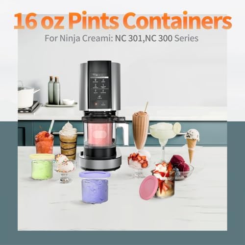 Containers Replacement for Ninja Creami 7-in-1 Pints and Lids -4 Pack 16 oz- Compatible with NC301, NC300 NC299AMZ Series-Leak Proof Lids Dishwasher Safe