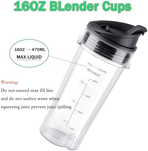 Ninja Blender Replacement Parts Compatible with BL770 BL660 BL663 BL663CO BL665Q BL740, 2 Pack Single Serve Ninja Blender 16oz Cups with Sip & Seal Lids &6 Fins Ninja Blender Blade Assembly