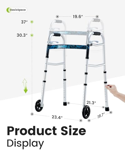 OasisSpace Compact Folding Walker, with Trigger Release and 5 Inches Wheels for The Seniors [Accessories Included] Narrow Lightweight Supports up to 350 lb