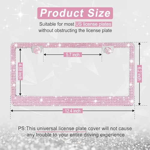 Amiss Bling License Plate Frame for Women, 2Pack Rhinestone Handcrafted Crystal Premium Stainless Steel, Stainless Steel Car Accessories with Diamond Sparkle Glitter Caps (Pink)