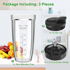 Blender Replacement Parts for Ninja, 24oz Ninja Blender Cup Replacement with To-Go Lid & 7-Fins Extractor Blade for Nutri Ninja Blenders BL2012 NN100-30 BL480-30 BL640-30 BL642-30 BN801 3pcs