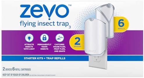 Zevo Flying Insect Trap, Fly Trap, Fruit Fly Trap (2 Plug-in Bases + 6 Refill Cartridges)