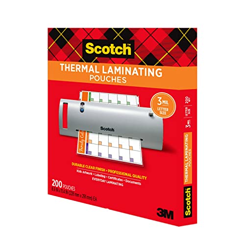 Scotch Thermal Laminating Pouches,200 Pack Laminating Sheets,3 Mil,8.9 x 11.4 Inches, Education Supplies & Craft Supplies, For Use With Thermal Laminators, Letter Size Sheets
