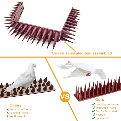 12 Pack of Bird Spikes - Covers 204" Plastic Bird Deterrent Spikes - Bird Deterrent Spikes Keep Pigeons, Squirrels, Raccoons, Cats, Crows Away - Anti-Bird Spike Guards for railings and Roofs (Brown)