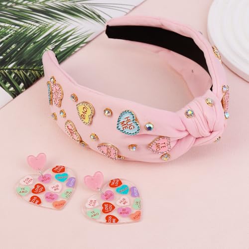 Valentine’s Day Headbands for Women, Valentines Pink Knotted Heart Headband Heart Earrings Crystal Jeweled Wide Top Knot Headband Valentine’s Day Hair Accessories Gifts
