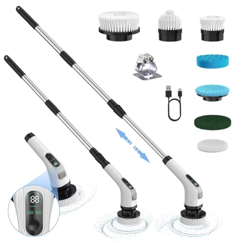 Electric Spin Scrubber with Long Handle: Cordless Power Shower Scrubber - Spin Brush with 7 Brush Replacement Heads for Cleaning Bathroom,Tub, Tile