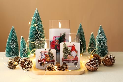 Eywamage Red Truck Glass Christmas Flameless Candles with Remote, Flickering Battery Operated LED Pillar Candles Set of 3