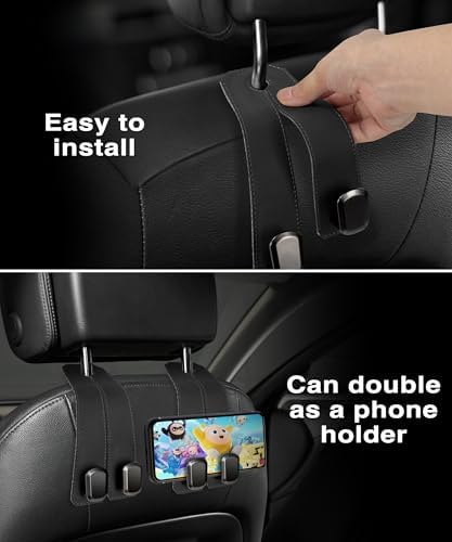Car Hooks for Headrest, 2PCS Car Purse Hooks Luxurious leather 100% Metal Car Hangers for Seat Multifunctional Car Bag Hook Car Seat Back Storage Hook Accessories (Black)
