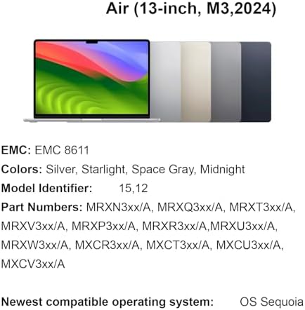 Replacement for Air 13.6" M3 2024 A3113 EMC 8611 13.6 inches 2560x1664 Full LCD Screen Display Complete Assembly (Midnight)