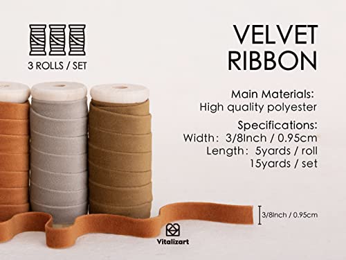 Vitalizart Fall Velvet Ribbon Set 3/8" x 15 Yd Wooden Spool Fabric Trim 3 Rolls * 5 Yd for Christmas Wreath Decoration Handmade Craft Ornaments Gift Wrapping & Bow Making