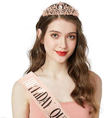 "Birthday Queen" Sash & Rhinestone Tiara Set COCIDE Rose Gold Birthday Sash and Tiara for Women Birthday Decoration Kit Rhinestone Headband for Girl Glitter Crystal Hair Accessories for Party