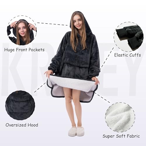 Krifey Wearable Blanket Hoodie, Oversized Sherpa Hooded as Birthday Gifts Christmas Gifts for Mom Women Girlfriend Men, Cozy Sweatshirt with Giant Pocket