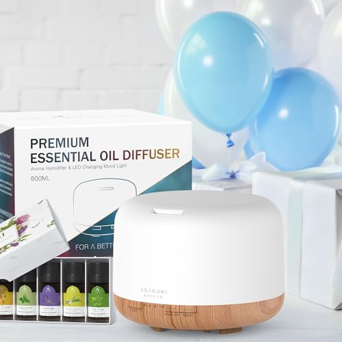 ASAKUKI Essential Oil Diffuser with Essential Oils Set, 500ml Aromatherapy Diffuser - 14 LED Colors & Auto Shut-Off, Top 6 Essential Oils - Lavender Eucalyptus Tea Tree Orange Peppermint Lemongrass