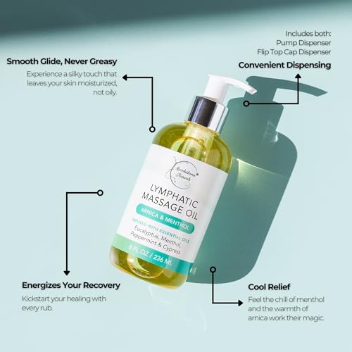 Lymphatic Drainage Massage Oil | 100% Natural Massage Oil for Massage Therapy | Premium Quality with Arnica Eucalyptus & Menthol | for Post Surgery Recovery & Detox | 8oz by Brookethorne Naturals