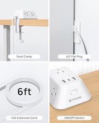 Desk Clamp Power Strip, Surge Protector with 5 AC Outlets and 3 USB Ports, Desk Mount Charging Station, Fit 1.97in Tabletop Edge Thick, 6FT Extension Cord, for Home Office Gaming Accessories