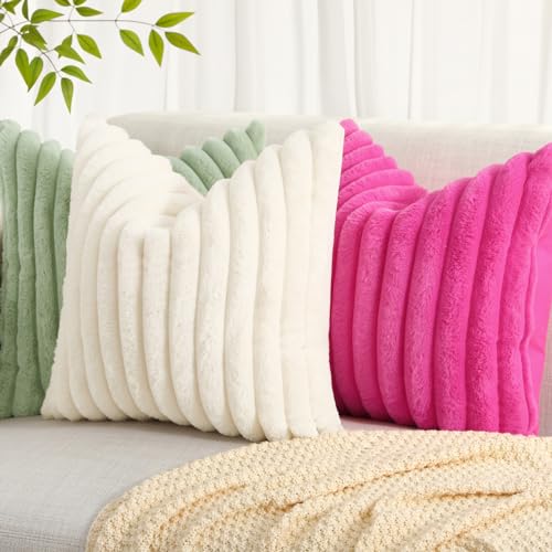 decorUhome Christmas Faux Fur Throw Pillow Covers 20x20 Set of 2, Decorative Soft Plush Striped Couch Pillow Covers with Velvet Back for Sofa, Bed, Living Room, Cream White