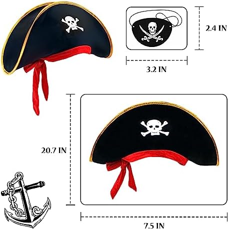 D-Fokes 2 Pieces Pirate Hat Skull Print Pirate Captain Costume Cap - Pirate Accessories Funny Party Hat for Caribbean Fancy Dress with Eye Patch