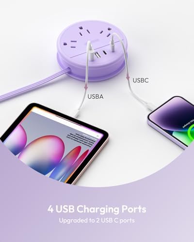 NTONPOWER Purple Extension Cord with 3 AC Outlet 4 USB(2 USB C), Purple Power Strip 4FT Flat Extension Cord, Compact for Purple Desk Accessories,Home