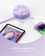 NTONPOWER Purple Extension Cord with 3 AC Outlet 4 USB(2 USB C), Purple Power Strip 4FT Flat Extension Cord, Compact for Purple Desk Accessories,Home