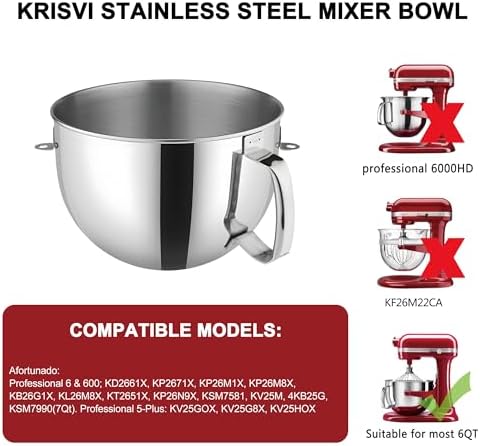 6 QT Stainless Steel Mixer Bowl for KitchenAid Stand Mixers,Strong and Durable Replacement Bowl for KitchenAid with Handle,Dishwasher Safe