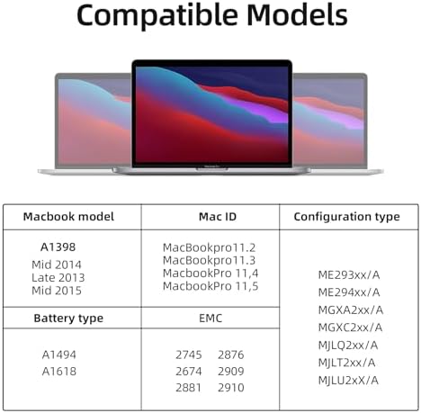 A1618 A1494 Battery Replacement for MacBook Pro A1398 Battery(Late 2013, Mid 2014, Mid 2015 Version), Apply to MacBook Pro 15 inch Retina Late 2013，Mid 2014 and Mid 2015