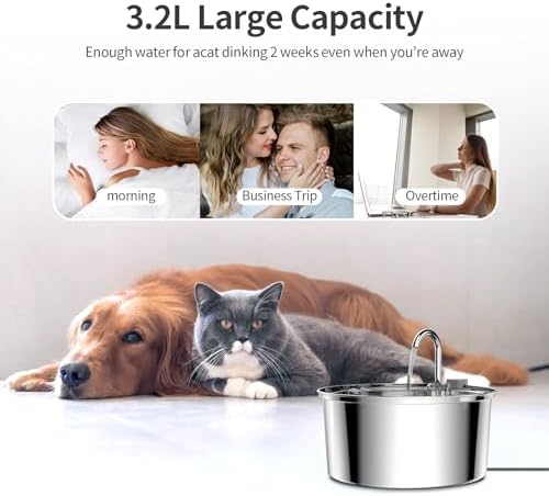 Tomxcute Cat Water Fountain, 3.2L/108oz Automatic Stainless Steel Pet Fountain Dog Water Dispenser, Ultra-Quiet Pump and 3 Replacement Filters & for Cats, Dogs, Multiple Pets