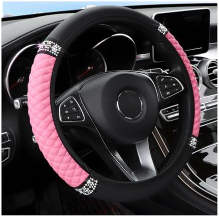 Bling Car Steering Wheel Cover, 15 Inch Rhinestones Soft Leather Elastic Steering Wheel Protector, Sparkly Crystal Diamond for Women Girls, Car Interior Accessories for Most Cars (Pink)