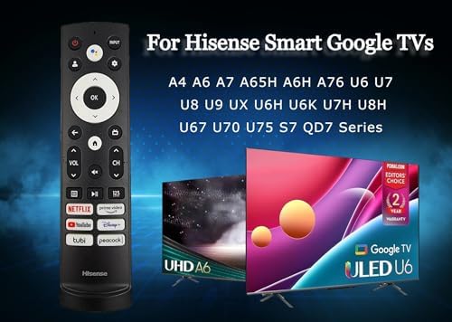 OEM Replacement Remote Control for All Hisense UHD 4K ULED Smart Google TVs with Voice Control 43A6H 50A6H 55A6H 65A6H 75A6H 50U6H 55U6H 65U6H 75U6H75U8H (Netflix/Prime/YouTube/Disney+/Tubi/Peacock)