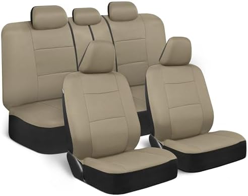BDK PolyPro Car Seat Covers Full Set in Solid Beige, Front and Rear Split Bench Seat Covers for Cars, Easy to Install Car Seat Cover Set, Car Accessories for Auto Trucks Van SUV - Solid Beige