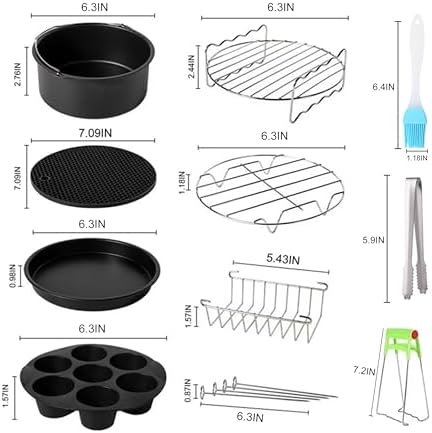 Air Fryer Accessories Set Fit for Gowise Gourmia Cozyna Ninja,Fit All 2.3qt-3.2qt Air Fryer,Kits with Skewers Silicone Mat,Pizza Pan,Cake Barrel,Non-Stick,Dishwasher Safe,Universal,6 Inch 10pcs,Black