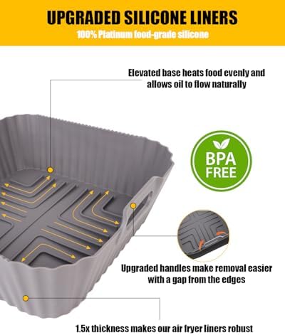 Air Fryer Silicone Liners Square for Ninja AF141 5Qt/Ninja AF181 6.5Qt/Ninja Crispi 4QT Container,Reusable Airfryer Replacement Baking Basket Insert | Non-stick | Easy Cleaning | Food Safe |Gray+Black