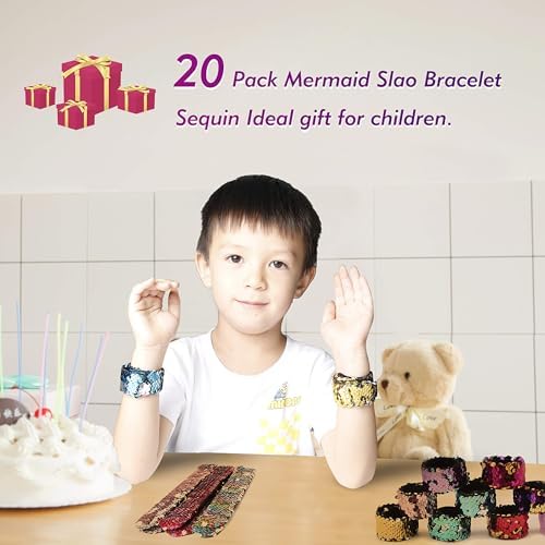 Childom 20 Pack Slap Bracelets 2-Color Reversible Charm Bracelets stage sequins horsetail buckle color ball head hair accessories hair accessories Magic Wristband