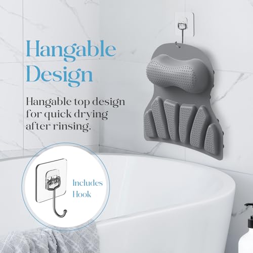 Bath Pillow Luxury Bathtub Pillow, Bath Pillows for Tub Head Neck and Back Support, Non-Slip Soft Silicon Bath Tub Pillow with Strong Suction Cup, Bath Accessories Spa Gifts, Gray