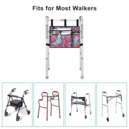 supregear Accessories Bag for Walker, Wheelchair, Rollator for Seniors, w/Cup Holder-Folding Walker Basket Large Capacity Waterproof Walker Caddy Pouch (Purple Floral)