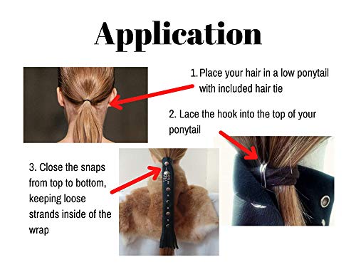 Black 11" inch Leather Ponytail Hair Wrap for Long Hair - HANDMADE Motorcycle Hair Protector for Women | Jeweled Genuine Leather Motorcycle Ponytail Holder Hair Accessories | Biker Gear MADE IN USA